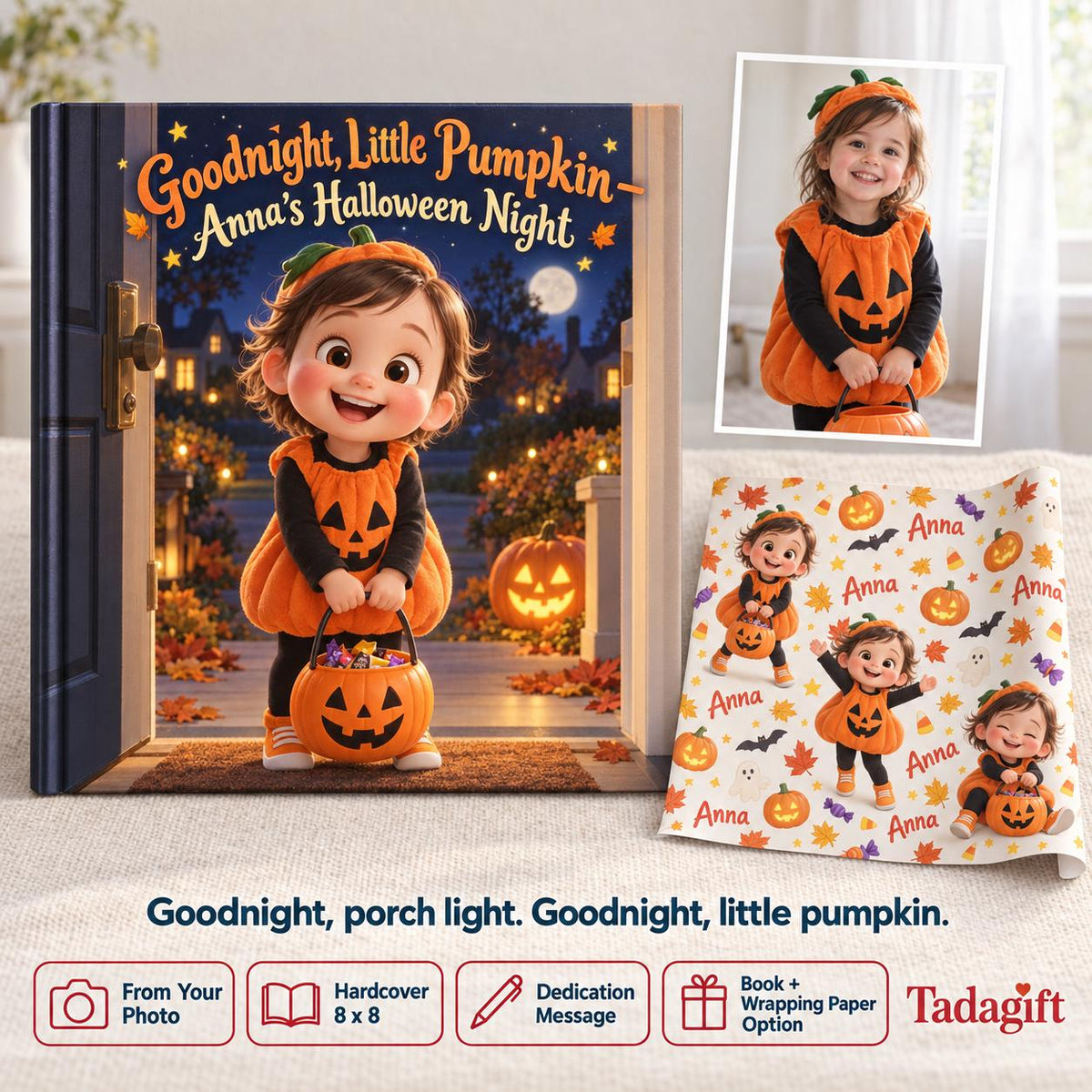 Personalized Children's Book in Hardcover: Illustrated Goodnight Little Pumpkin with Wrapping Paper Included