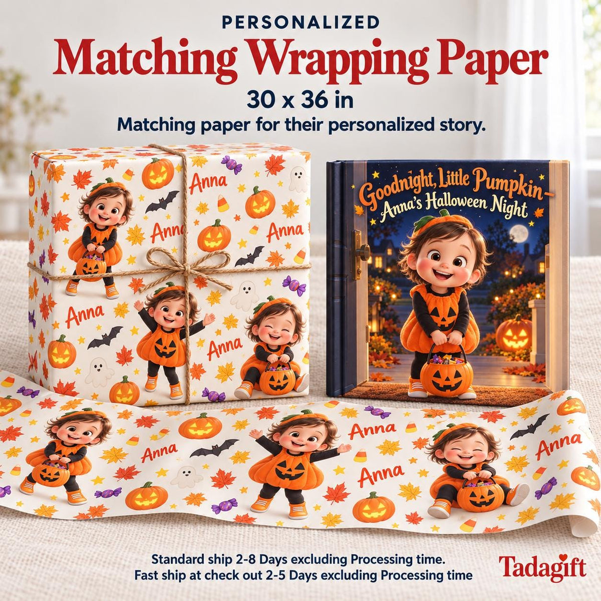 Personalized Children's Book in Hardcover: Illustrated Goodnight Little Pumpkin with Wrapping Paper Included