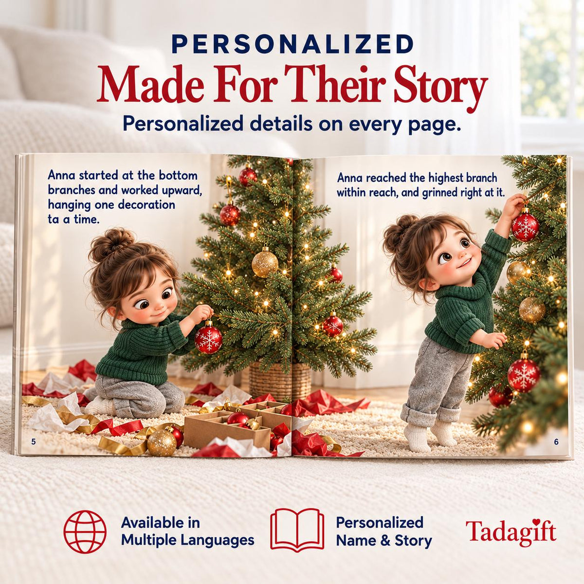Personalized Children's Book in Hardcover: Illustrated Christmas Eve Surprise with Wrapping Paper Included
