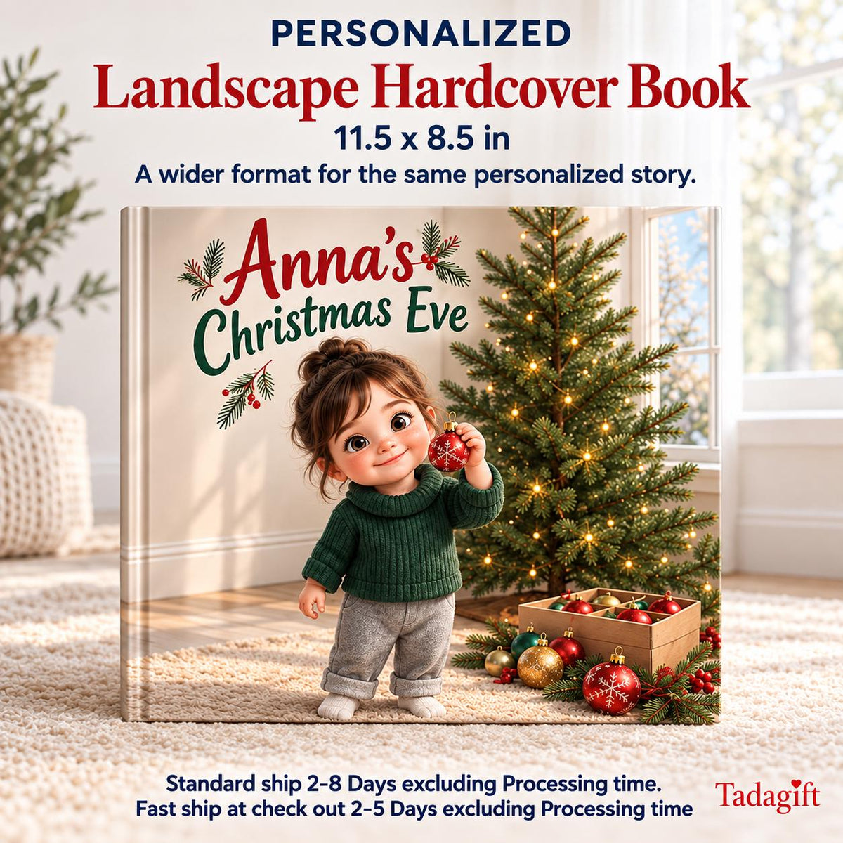 Personalized Children's Book in Hardcover: Illustrated Christmas Eve Surprise with Wrapping Paper Included