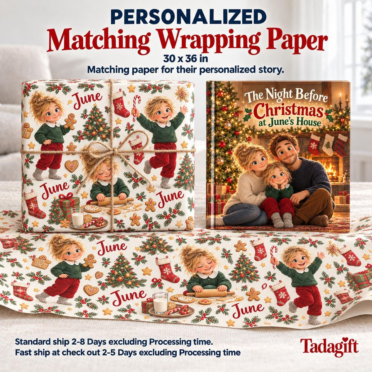 Personalized Children's Book in Hardcover:Night Before Christmas Book with Wrapping Paper Included