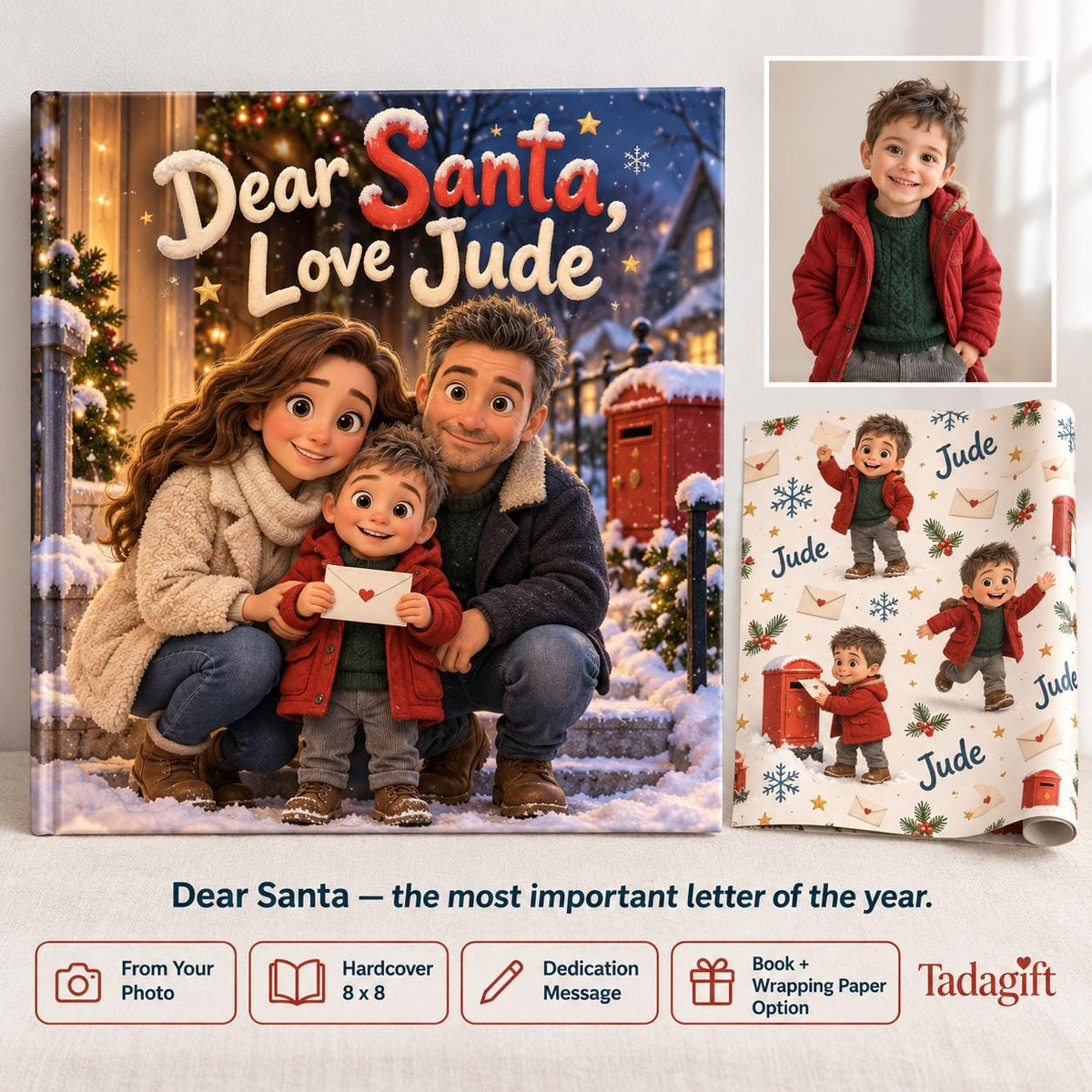 Personalized Children's Book in Hardcover: Illustrated Letter to Santa with Wrapping Paper Included