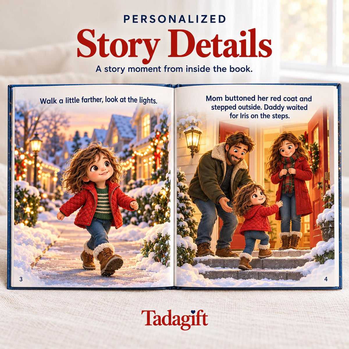 Personalized Children's Book in Hardcover: Illustrated Christmas Light Walk with Wrapping Paper Included