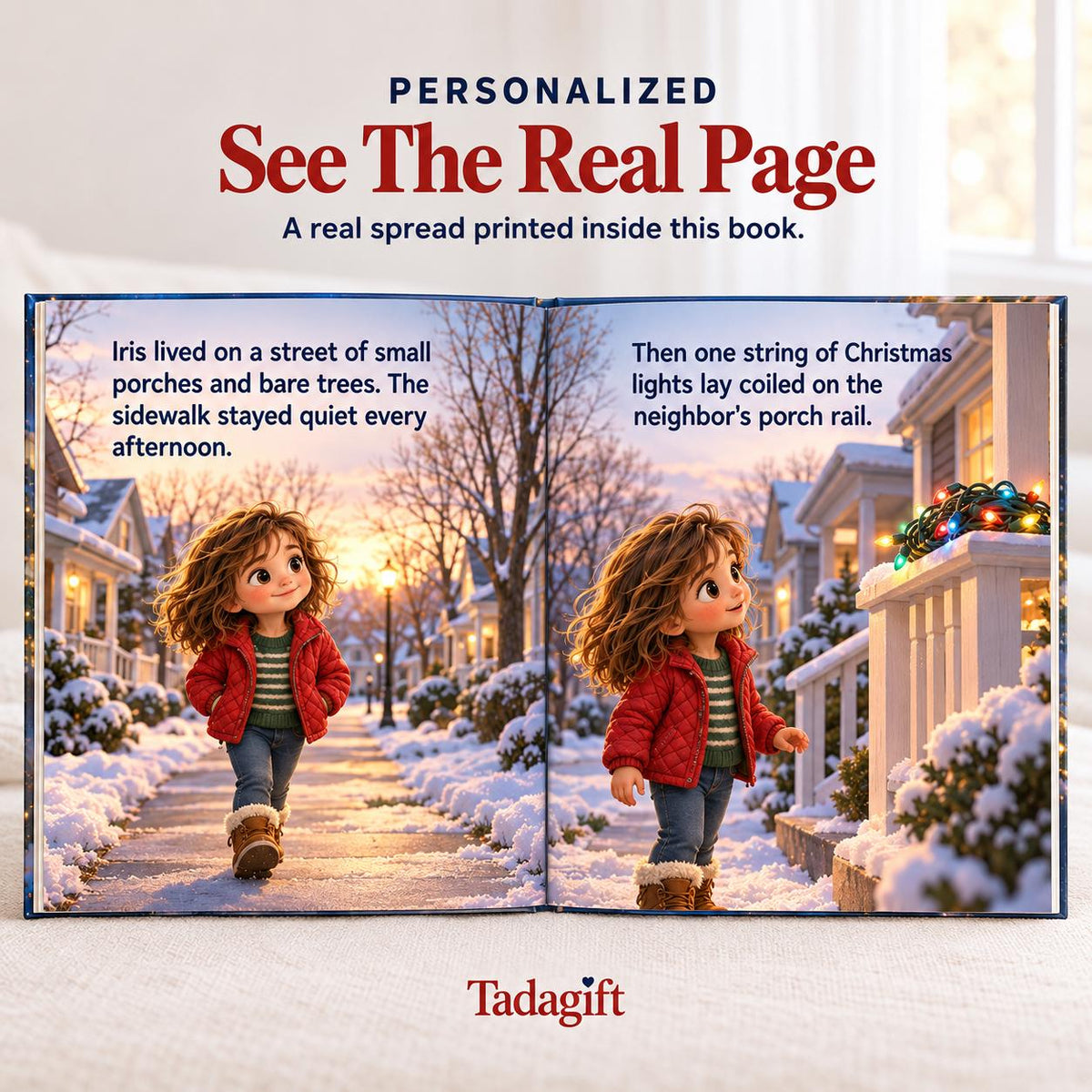 Personalized Children's Book in Hardcover: Illustrated Christmas Light Walk with Wrapping Paper Included