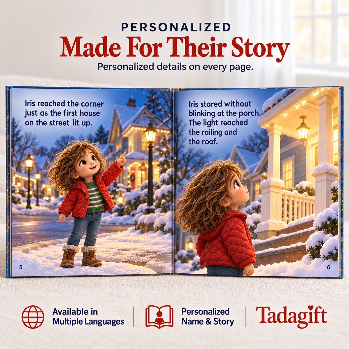 Personalized Children's Book in Hardcover: Illustrated Christmas Light Walk with Wrapping Paper Included