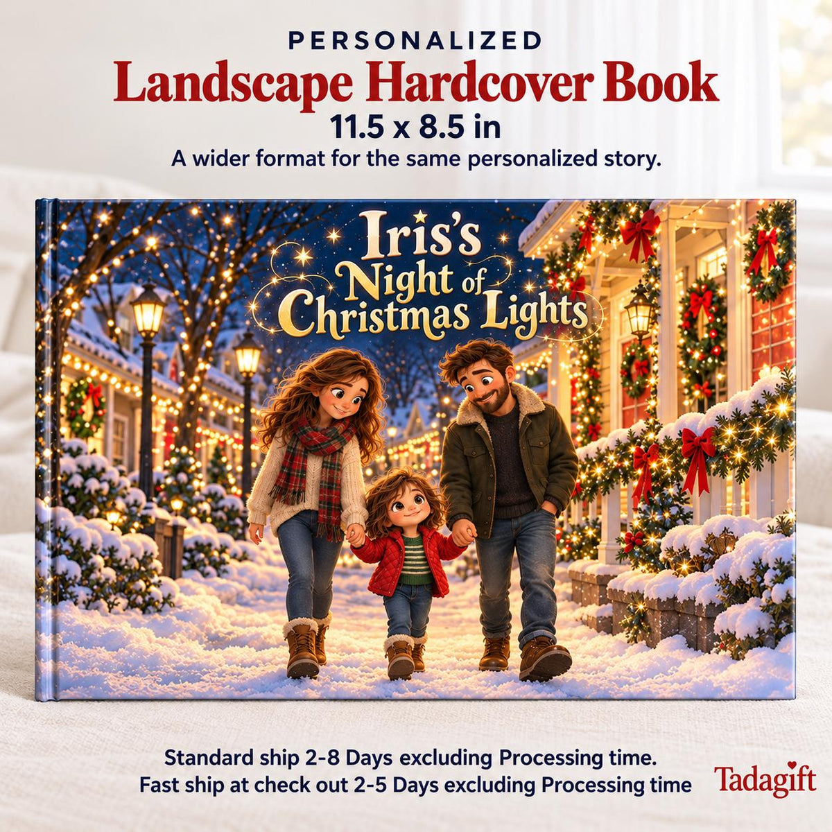 Personalized Children's Book in Hardcover: Illustrated Christmas Light Walk with Wrapping Paper Included