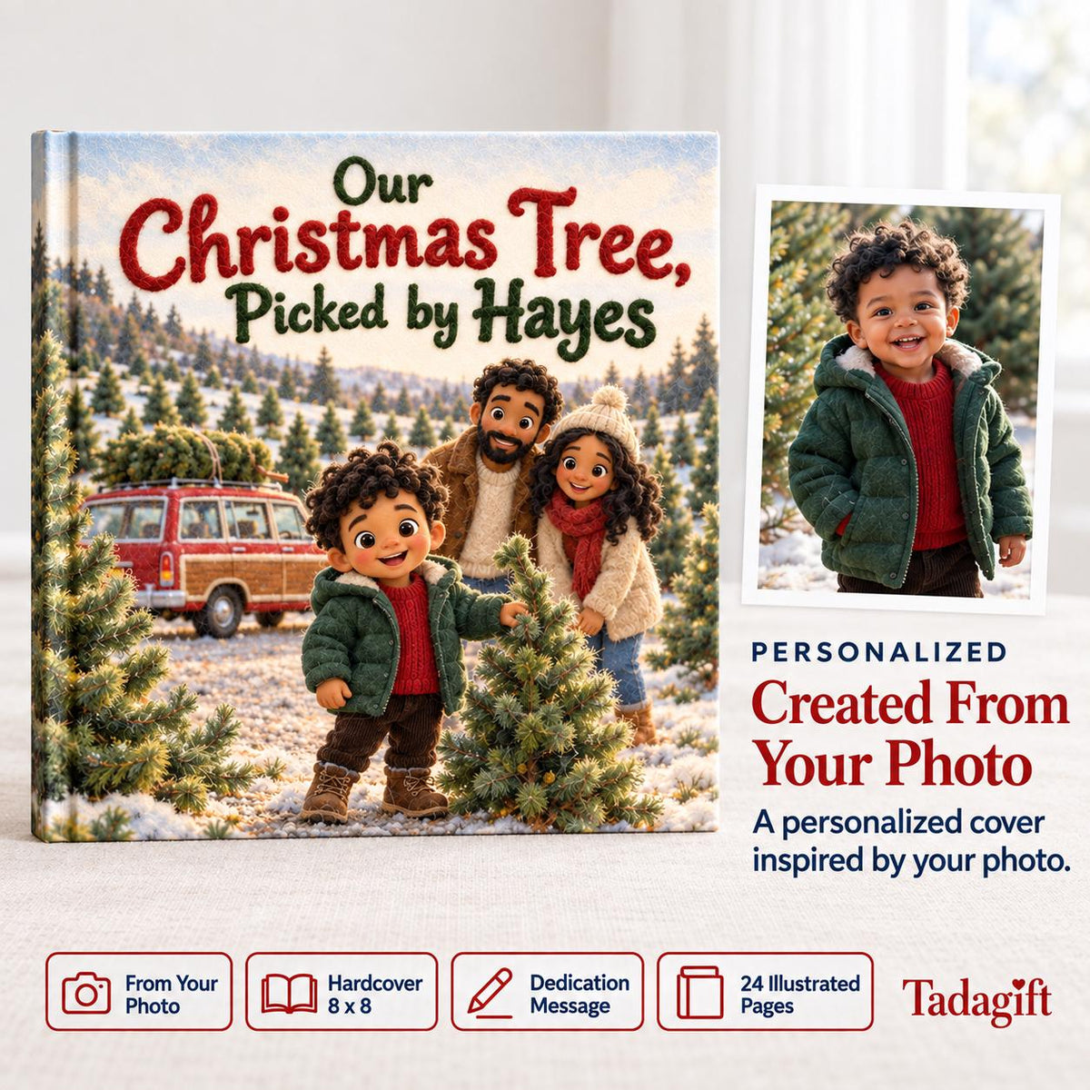 Personalized Children's Book in Hardcover: Our Christmas Tree Family with Wrapping Paper Included