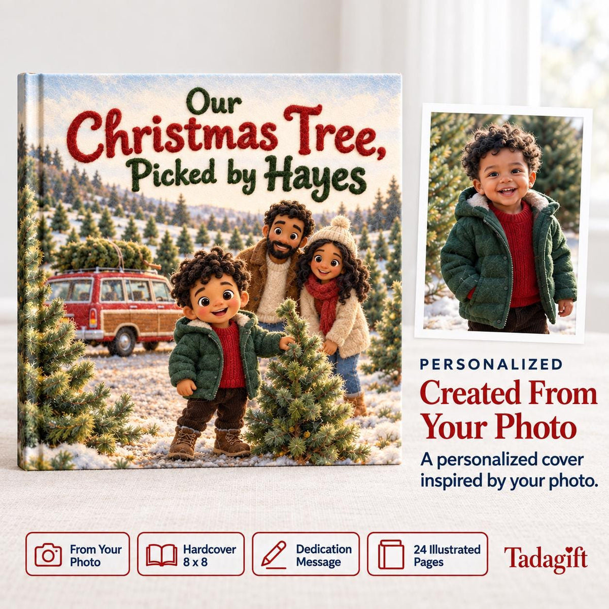 Personalized Children's Book in Hardcover: Our Christmas Tree Family with Wrapping Paper Included