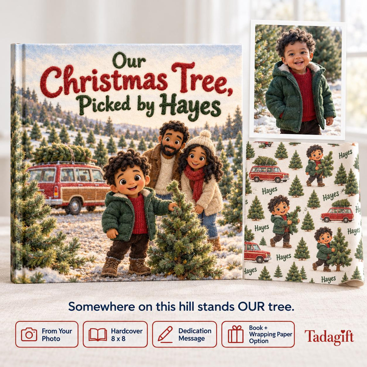 Personalized Children's Book in Hardcover: Our Christmas Tree Family with Wrapping Paper Included