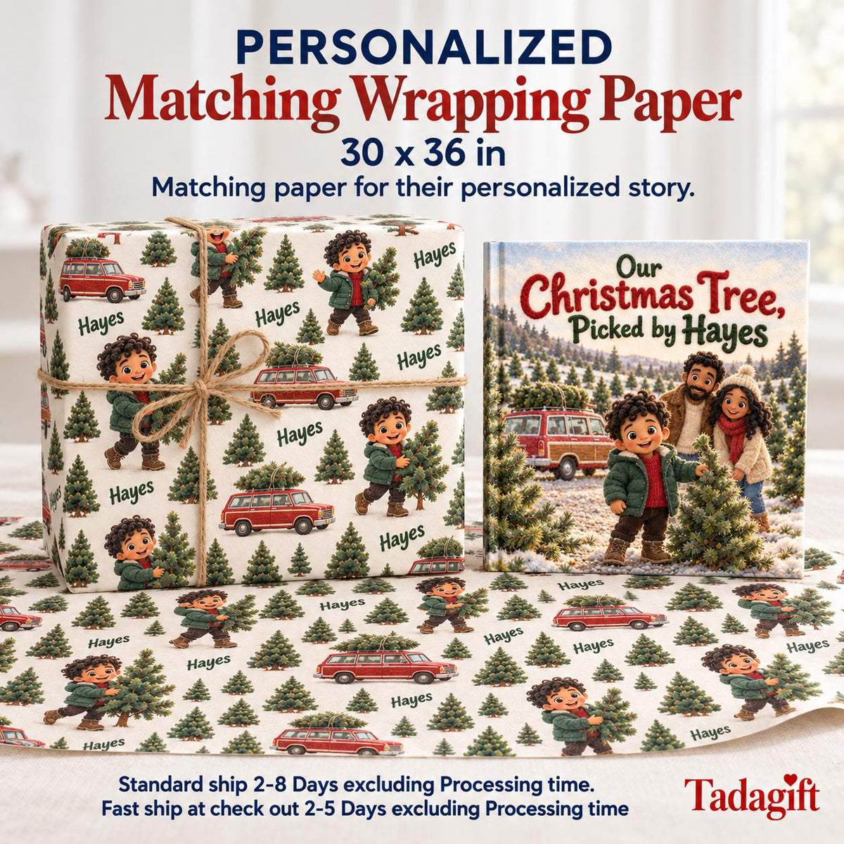 Personalized Children's Book in Hardcover: Our Christmas Tree Family with Wrapping Paper Included