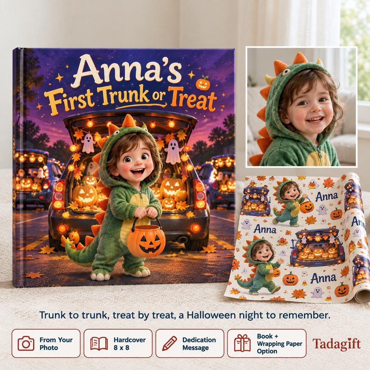 Personalized Halloween Children's Book in Hardcover: First Trunk or Treat Night with Wrapping Paper Included