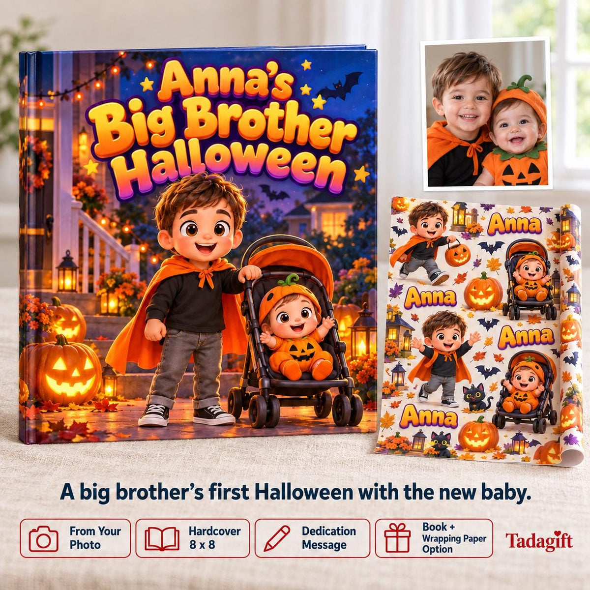 Personalized Children's Book in Hardcover: Big Brother Halloween Story with Wrapping Paper Included