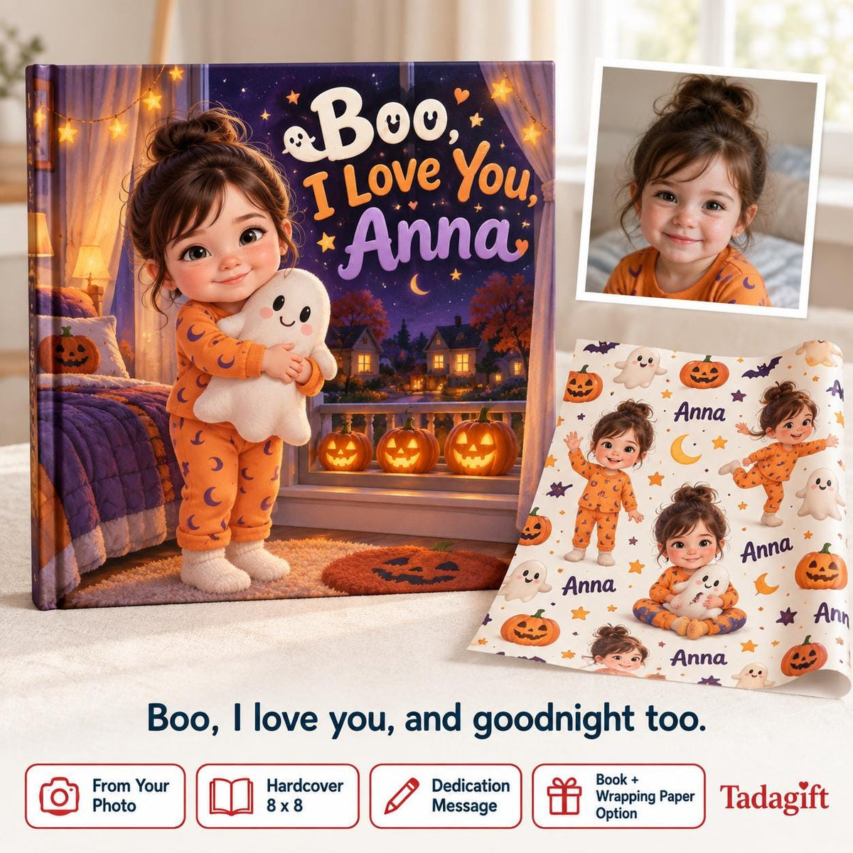 Personalized Children's Book in Hardcover: Halloween Ghost Bedtime Story with Wrapping Paper Included