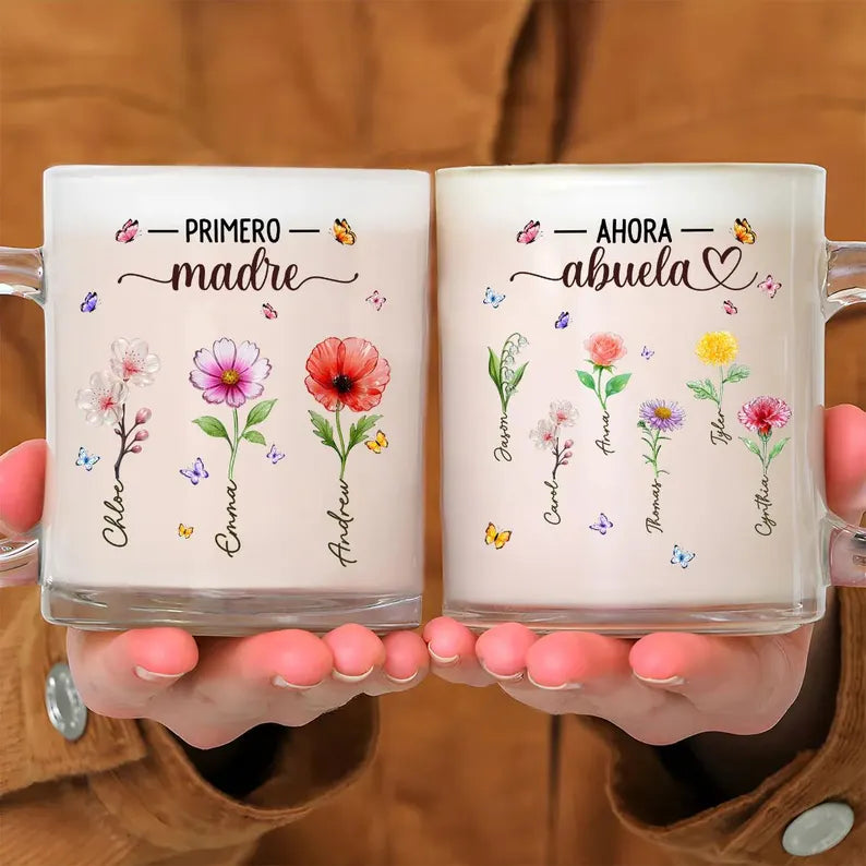 Personalized Glass Mug for Grandma, Mother's Day Keepsake, Birthday Flower Design, Primero Madre Ahora Abuela, Coffee Lover Gift Idea, Nana