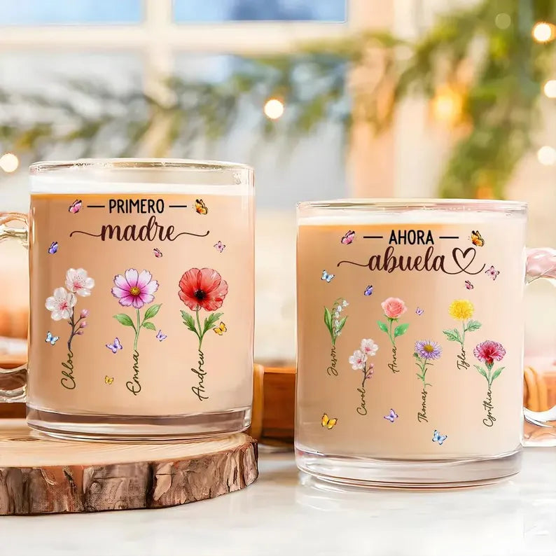 Personalized Glass Mug for Grandma, Mother's Day Keepsake, Birthday Flower Design, Primero Madre Ahora Abuela, Coffee Lover Gift Idea, Nana