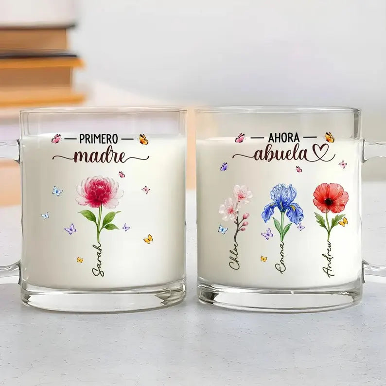 Personalized Glass Mug for Grandma, Mother's Day Keepsake, Birthday Flower Design, Primero Madre Ahora Abuela, Coffee Lover Gift Idea, Nana