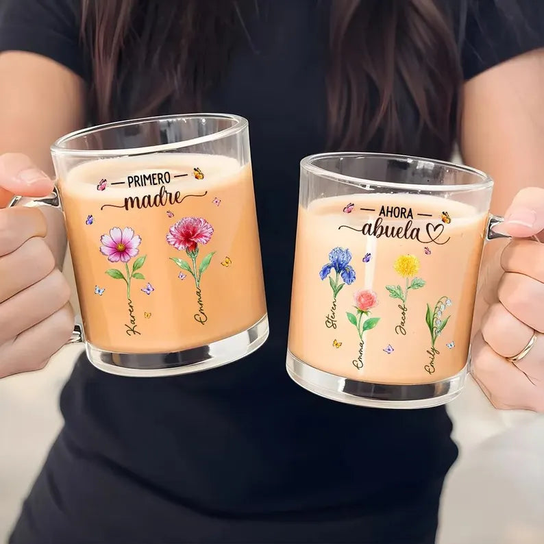 Personalized Glass Mug for Grandma, Mother's Day Keepsake, Birthday Flower Design, Primero Madre Ahora Abuela, Coffee Lover Gift Idea, Nana